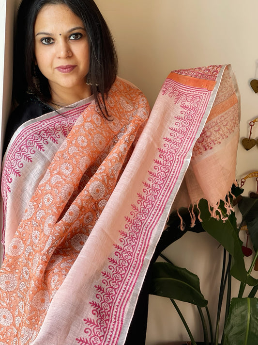 Peach Pure Linen Handblock Printed Dupatta