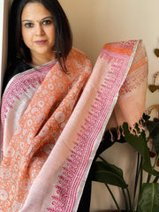 Peach Pure Linen Handblock Printed Dupatta