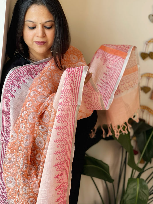 Peach Pure Linen Handblock Printed Dupatta