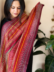 Orange, Maroon Handmade Kantha Dupatta in Silk