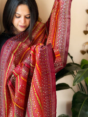 Orange, Maroon Handmade Kantha Dupatta in Silk