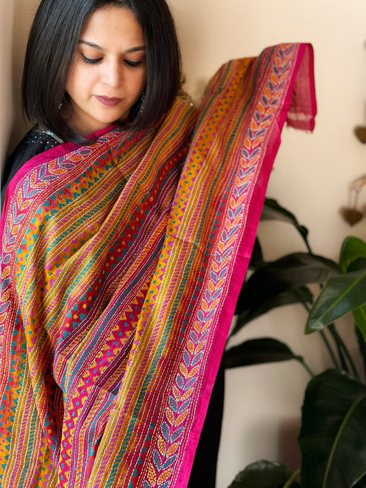 Pink, Mustard Handmade Kantha Dupatta in Silk