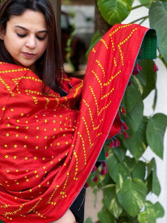 Orange Handwoven Woollen Shawl with Handmade Bandhani and Kantha in Pure Silk