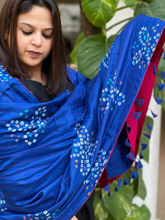 Blue Handwoven Woollen Shawl with Handmade Bandhani and Kantha in Pure Silk