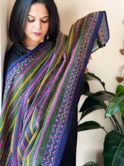 Blue, Green Handmade Kantha Dupatta in Silk