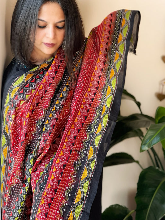 Black, Red Handmade Kantha Dupatta in Silk