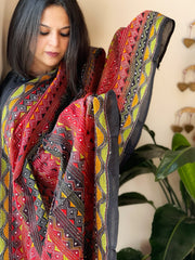 Black, Red Handmade Kantha Dupatta in Silk