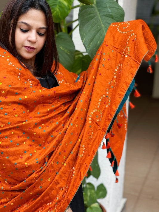 Burnt Orange Handwoven Woollen Shawl with Handmade Bandhani and Kantha in Pure Silk