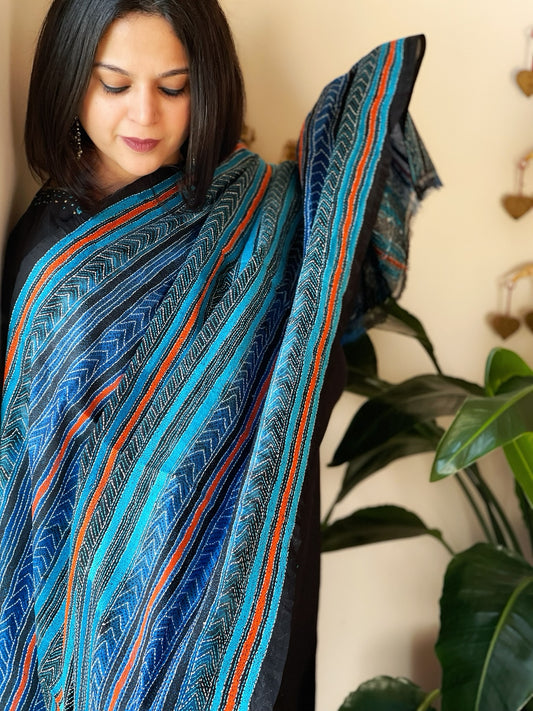 Blue, Black Handmade Kantha Dupatta in Silk