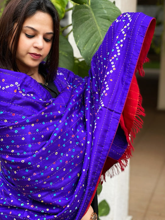 Purplish Blue Handwoven Woollen Shawl with Handmade Bandhani and Kantha in Pure Silk
