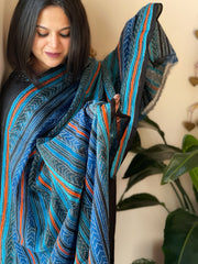 Blue, Black Handmade Kantha Dupatta in Silk