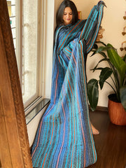 Blue, Black Handmade Kantha Dupatta in Silk