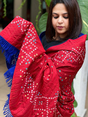Red Handwoven Woollen Shawl with Handmade Bandhani and Kantha in Pure Silk