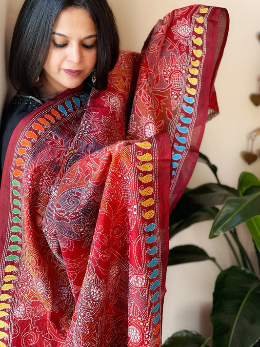 Red Handmade Reverse Kantha Dupatta in Silk