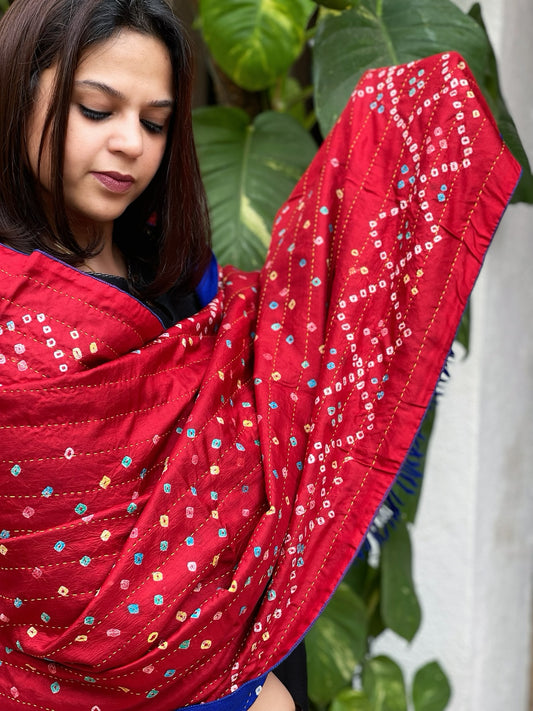 Red Handwoven Woollen Shawl with Handmade Bandhani and Kantha in Pure Silk