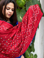 Red Handwoven Woollen Shawl with Handmade Bandhani and Kantha in Pure Silk