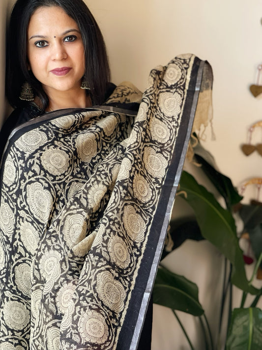 Beige Pure Linen Handblock Printed Dupatta