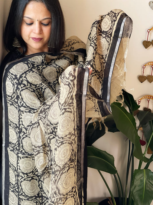 Beige Pure Linen Handblock Printed Dupatta