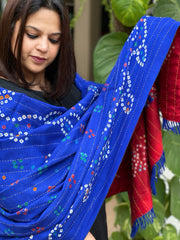 Red Handwoven Woollen Shawl with Handmade Bandhani and Kantha in Pure Silk