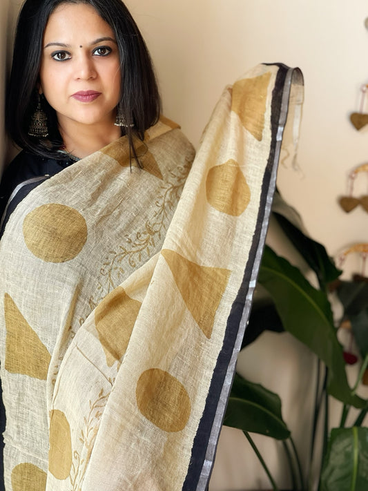 Beige Pure Linen Handblock Printed Dupatta