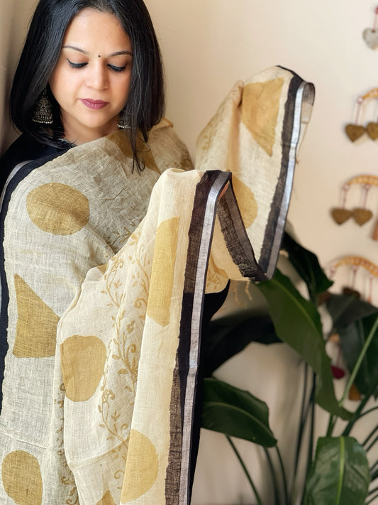 Beige Pure Linen Handblock Printed Dupatta