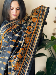 Black Handmade Nakshi Kantha Dupatta in Pure Silk