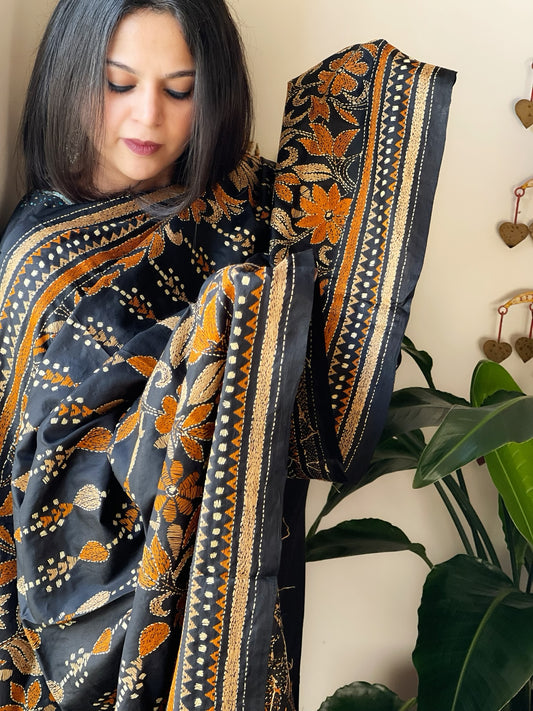 Black Handmade Nakshi Kantha Dupatta in Pure Silk