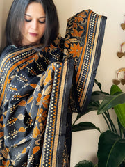 Black Handmade Nakshi Kantha Dupatta in Pure Silk