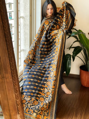 Black Handmade Nakshi Kantha Dupatta in Pure Silk