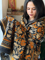 Black Handmade Nakshi Kantha Dupatta in Pure Silk