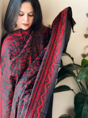 Black Handmade Nakshi Kantha Dupatta in Pure Silk