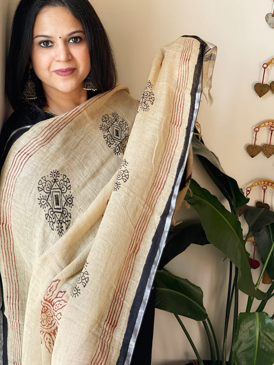 Beige Pure Linen Handblock Printed Dupatta