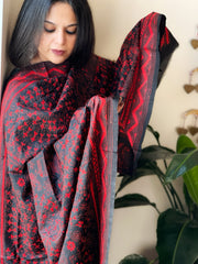 Black Handmade Nakshi Kantha Dupatta in Pure Silk