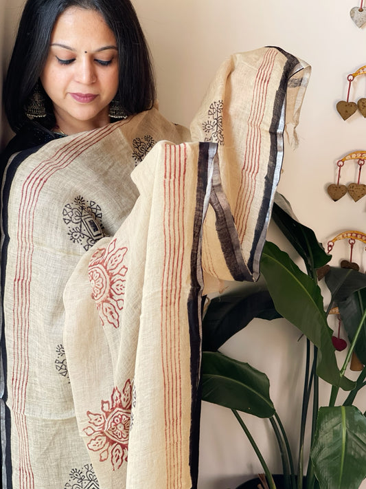 Beige Pure Linen Handblock Printed Dupatta