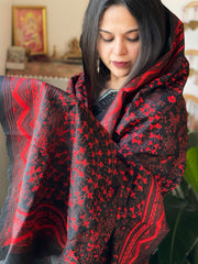 Black Handmade Nakshi Kantha Dupatta in Pure Silk