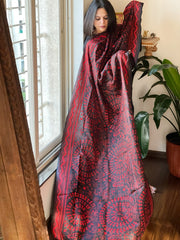 Black Handmade Nakshi Kantha Dupatta in Pure Silk