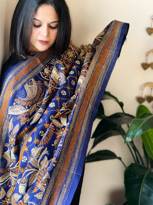 Blue Handmade Nakshi Kantha Dupatta in Pure Silk