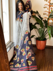 Handpainted Dupatta with Kantha Stitch Handwork in Pure Linen