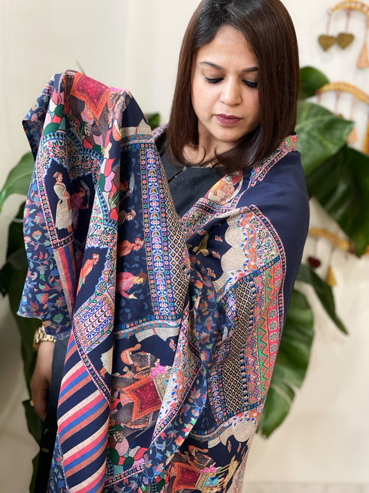 Navy Printed Reversible Kalamkari Stoles in Premium Wool