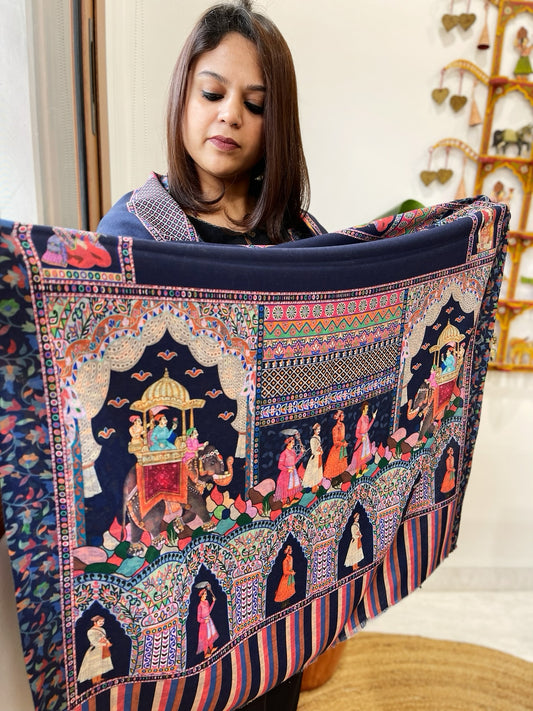 Navy Printed Reversible Kalamkari Stoles in Premium Wool