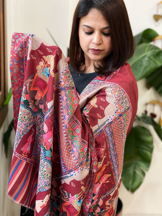 Maroon Printed Reversible Kalamkari Stoles in Premium Wool