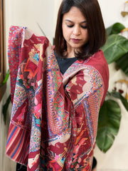 Maroon Printed Reversible Kalamkari Stoles in Premium Wool