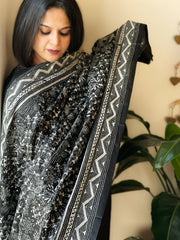 Black Handmade Nakshi Kantha Dupatta in Pure Silk