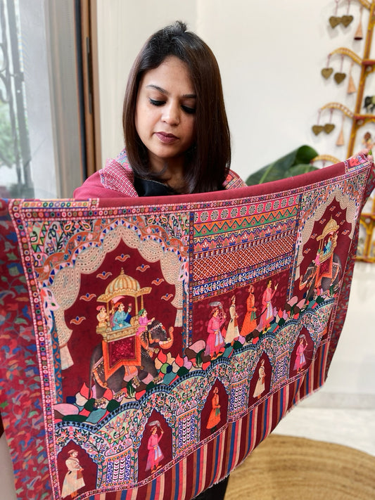 Maroon Printed Reversible Kalamkari Stoles in Premium Wool