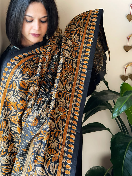 Black Handmade Nakshi Kantha Dupatta in Pure Silk