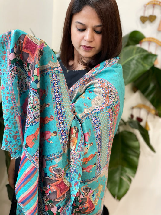 Turquoise Printed Reversible Kalamkari Stoles in Premium Wool