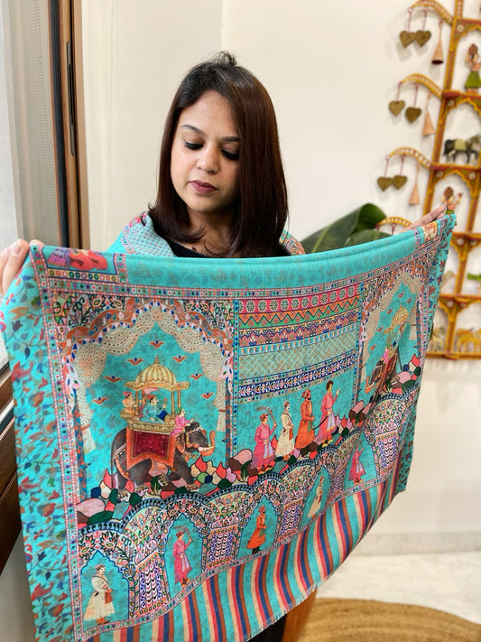 Turquoise Printed Reversible Kalamkari Stoles in Premium Wool