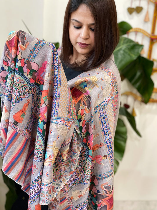 Grey Printed Reversible Kalamkari Stoles in Premium Wool