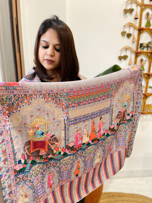 Grey Printed Reversible Kalamkari Stoles in Premium Wool