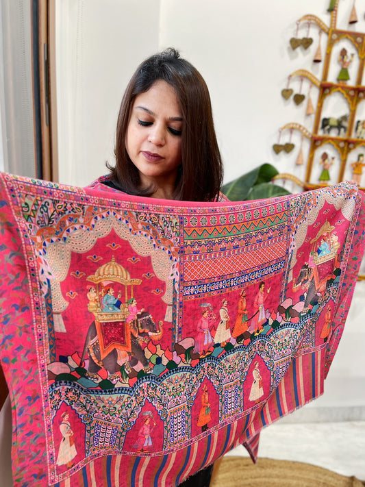 Pink Printed Reversible Kalamkari Stoles in Premium Wool